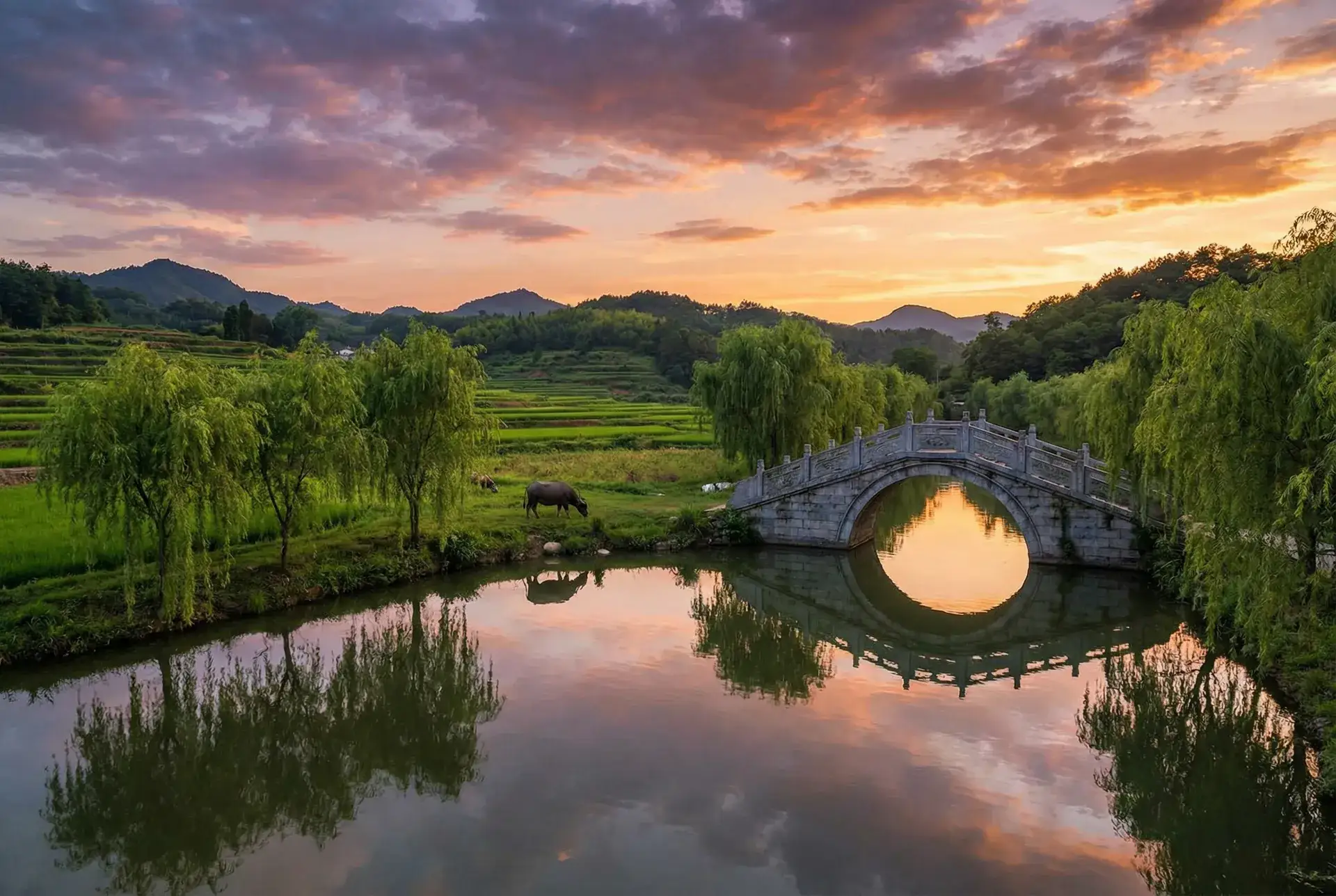 夕阳下的石拱桥与垂柳，水牛在河边吃草 - 势不两立电视剧 乡村美景